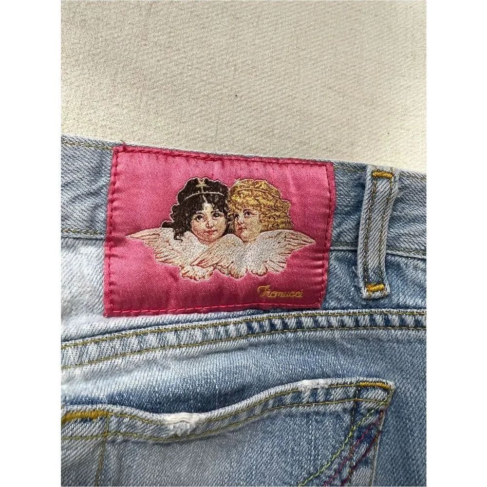 Vintage Fiorucci Low Rise Flare Jeans Y2K Light Wash Distressed Patchwork Size 9